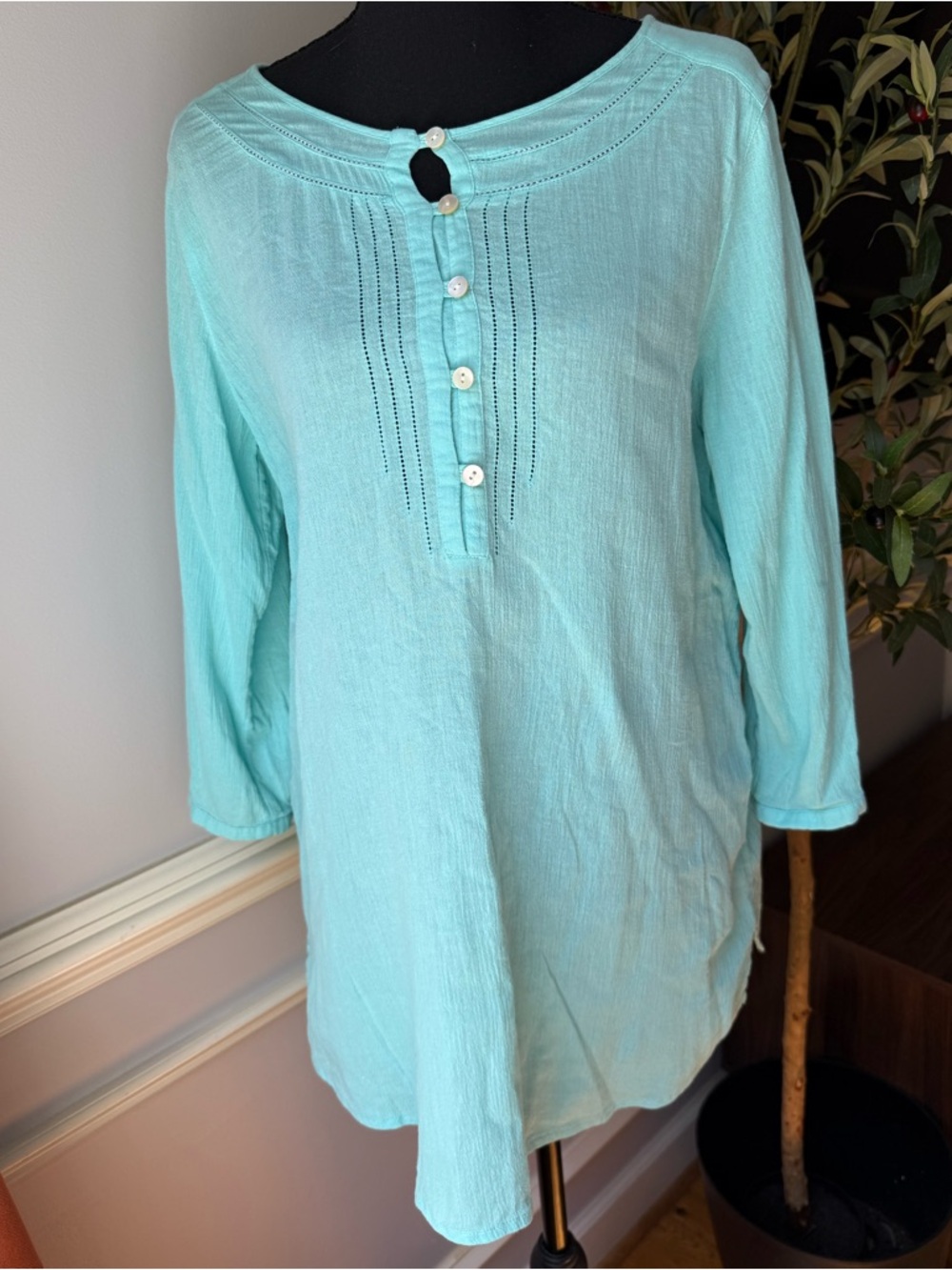 J.Jill Cotton Gauze Tunic Blouse Aqua Blue Pintuck 3/4 Sleeve Small